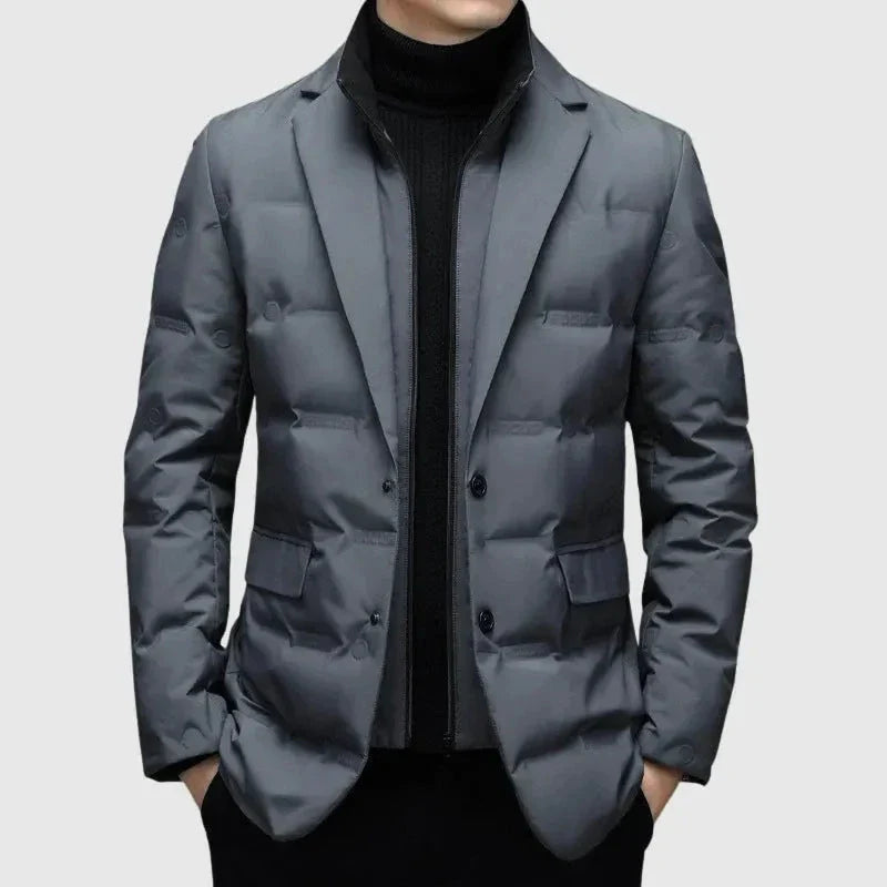Men's Quilted Down Blazer Jacket With Notched Lapel And Dual Button Closure For Cold Weather Comfort