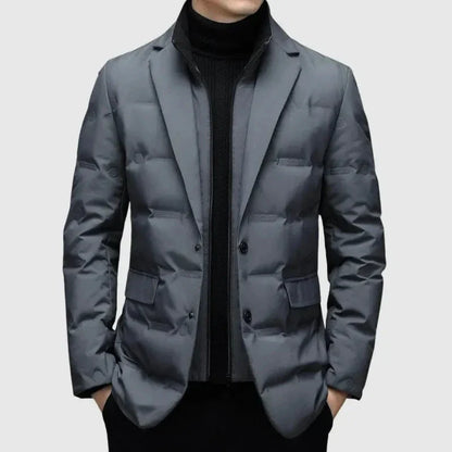 Men's Quilted Down Blazer Jacket With Notched Lapel And Dual Button Closure For Cold Weather Comfort