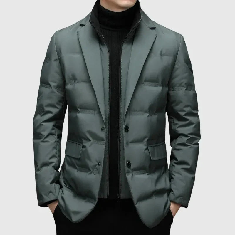 Men's Quilted Down Blazer Jacket With Notched Lapel And Dual Button Closure For Cold Weather Comfort