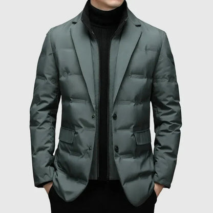 Men's Quilted Down Blazer Jacket With Notched Lapel And Dual Button Closure For Cold Weather Comfort