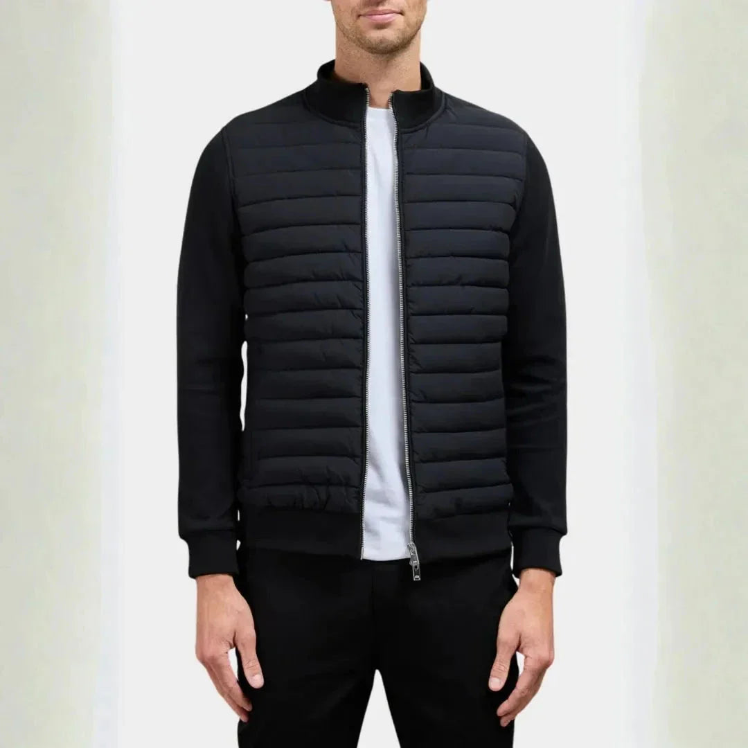 Men's Quilted Hybrid Jacket with Lightweight Padded Front Stand Collar and Soft Sleeves for Easy Movement