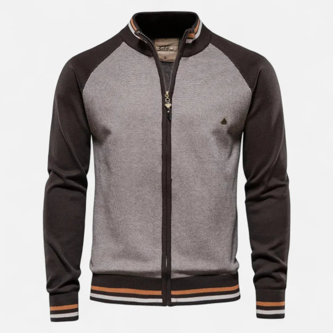 Men's Color Block Raglan Sleeve Knit Zip Up Jacket With Stand Collar And Striped Ribbed Cuffs And Hem