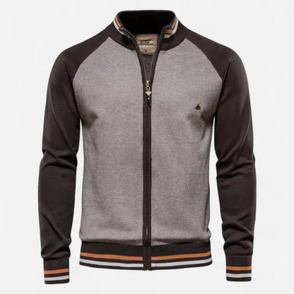 Men's Color Block Raglan Sleeve Knit Zip Up Jacket With Stand Collar And Striped Ribbed Cuffs And Hem