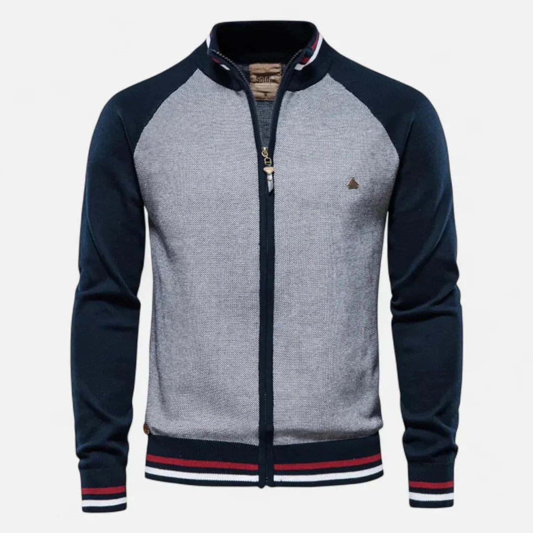 Men's Color Block Raglan Sleeve Knit Zip Up Jacket With Stand Collar And Striped Ribbed Cuffs And Hem