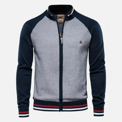 Men's Color Block Raglan Sleeve Knit Zip Up Jacket With Stand Collar And Striped Ribbed Cuffs And Hem