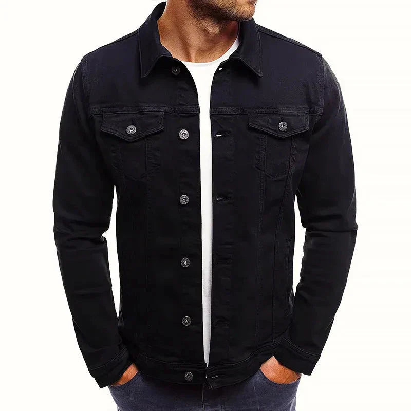 Mens Slim Fit Olive Green Denim Jacket With Button Front And Chest Flap Pockets Stretch Cotton Blend Fabric