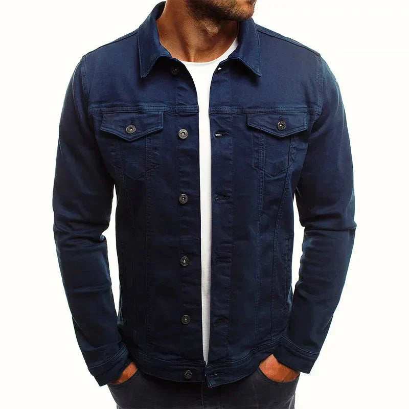 Mens Slim Fit Olive Green Denim Jacket With Button Front And Chest Flap Pockets Stretch Cotton Blend Fabric