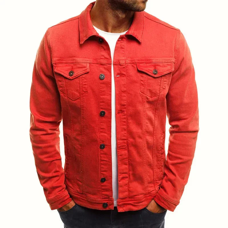 Mens Slim Fit Olive Green Denim Jacket With Button Front And Chest Flap Pockets Stretch Cotton Blend Fabric