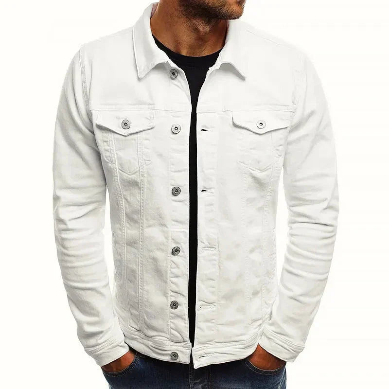 Mens Slim Fit Olive Green Denim Jacket With Button Front And Chest Flap Pockets Stretch Cotton Blend Fabric