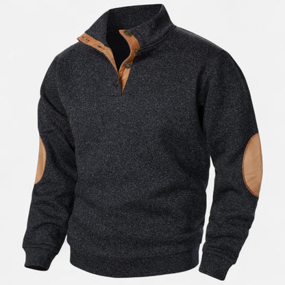 Men's Stand Collar Knit Sweater With Suede Trim And Elbow Patches Heritage Inspired Warm Durable Style