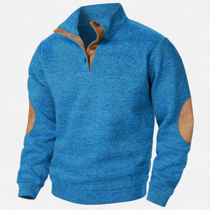 Men's Stand Collar Knit Sweater With Suede Trim And Elbow Patches Heritage Inspired Warm Durable Style