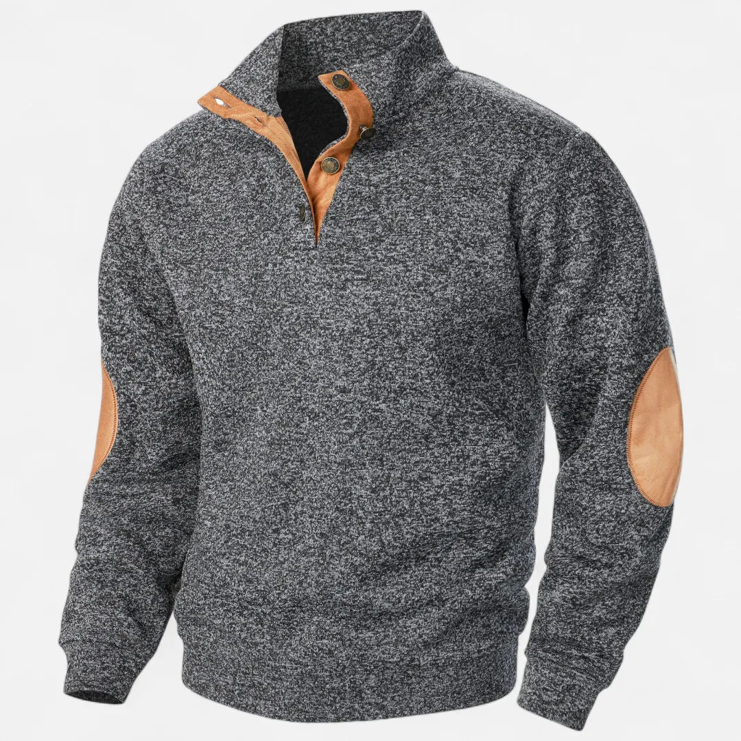 Men's Stand Collar Knit Sweater With Suede Trim And Elbow Patches Heritage Inspired Warm Durable Style
