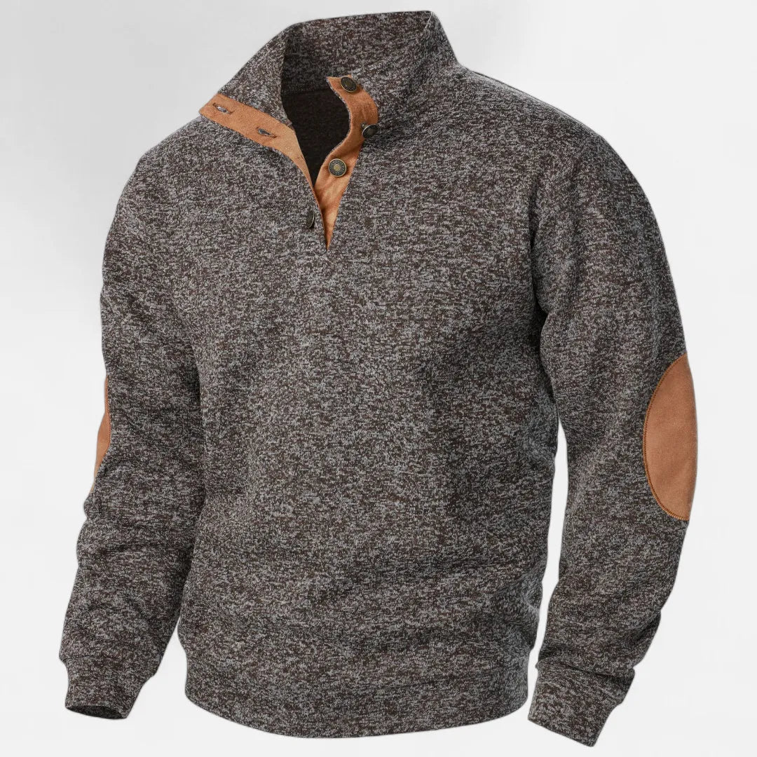 Men's Stand Collar Knit Sweater With Suede Trim And Elbow Patches Heritage Inspired Warm Durable Style