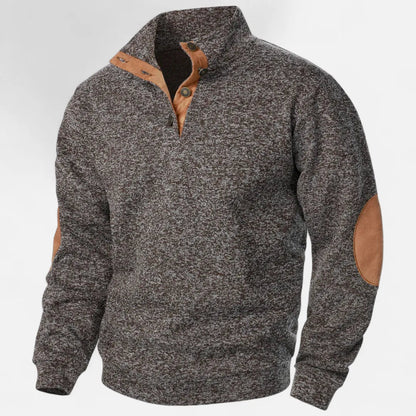 Men's Stand Collar Knit Sweater With Suede Trim And Elbow Patches Heritage Inspired Warm Durable Style