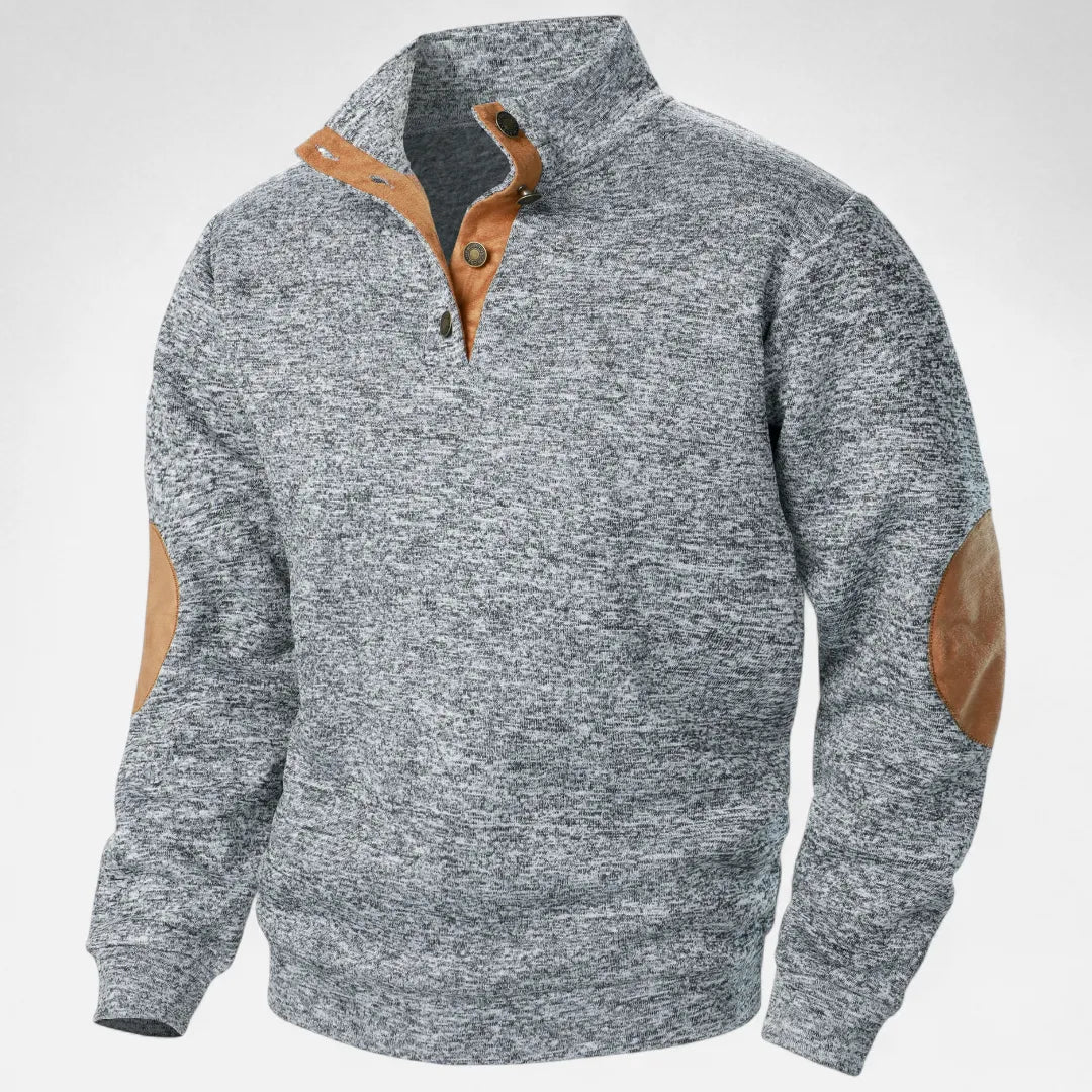 Men's Stand Collar Knit Sweater With Suede Trim And Elbow Patches Heritage Inspired Warm Durable Style