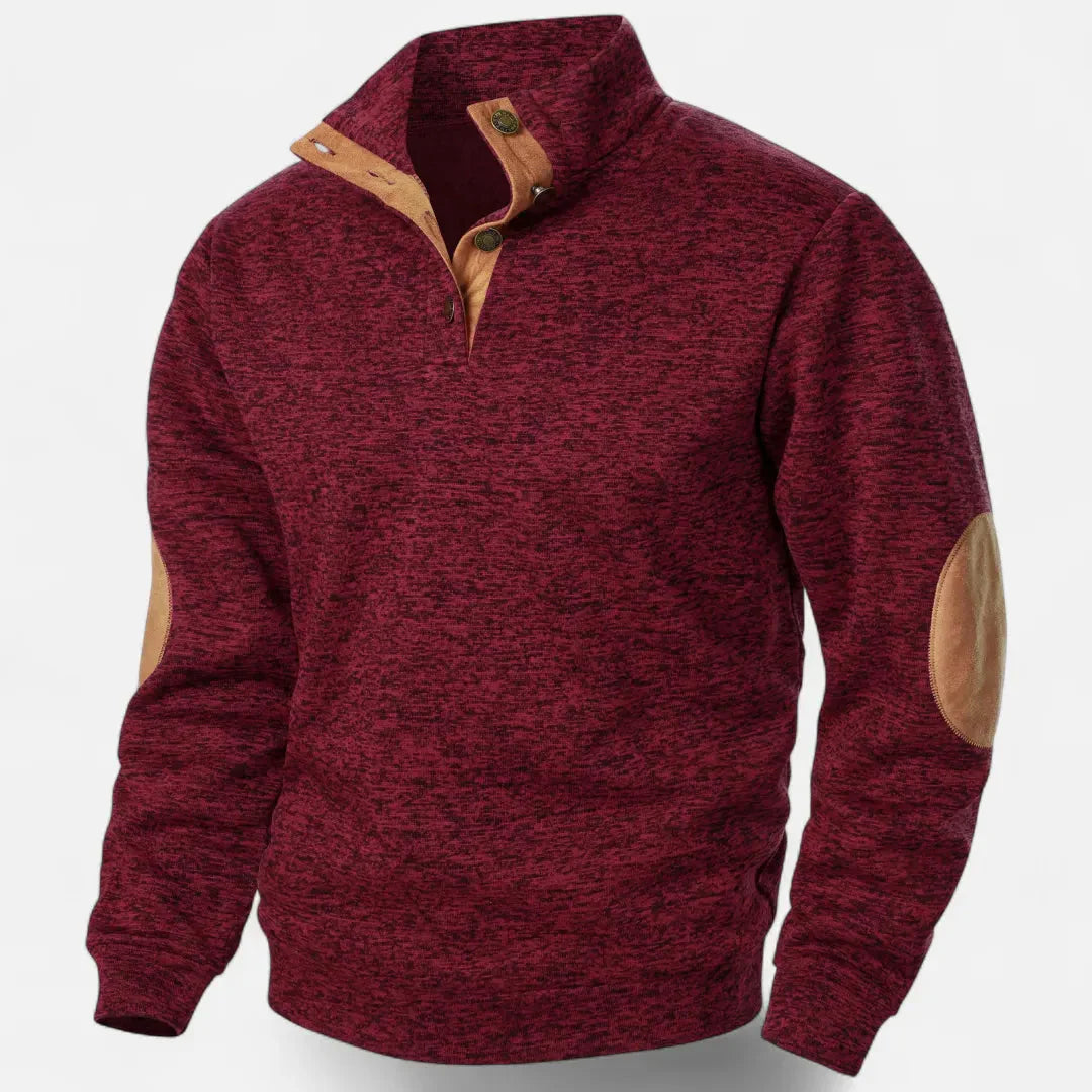 Men's Stand Collar Knit Sweater With Suede Trim And Elbow Patches Heritage Inspired Warm Durable Style