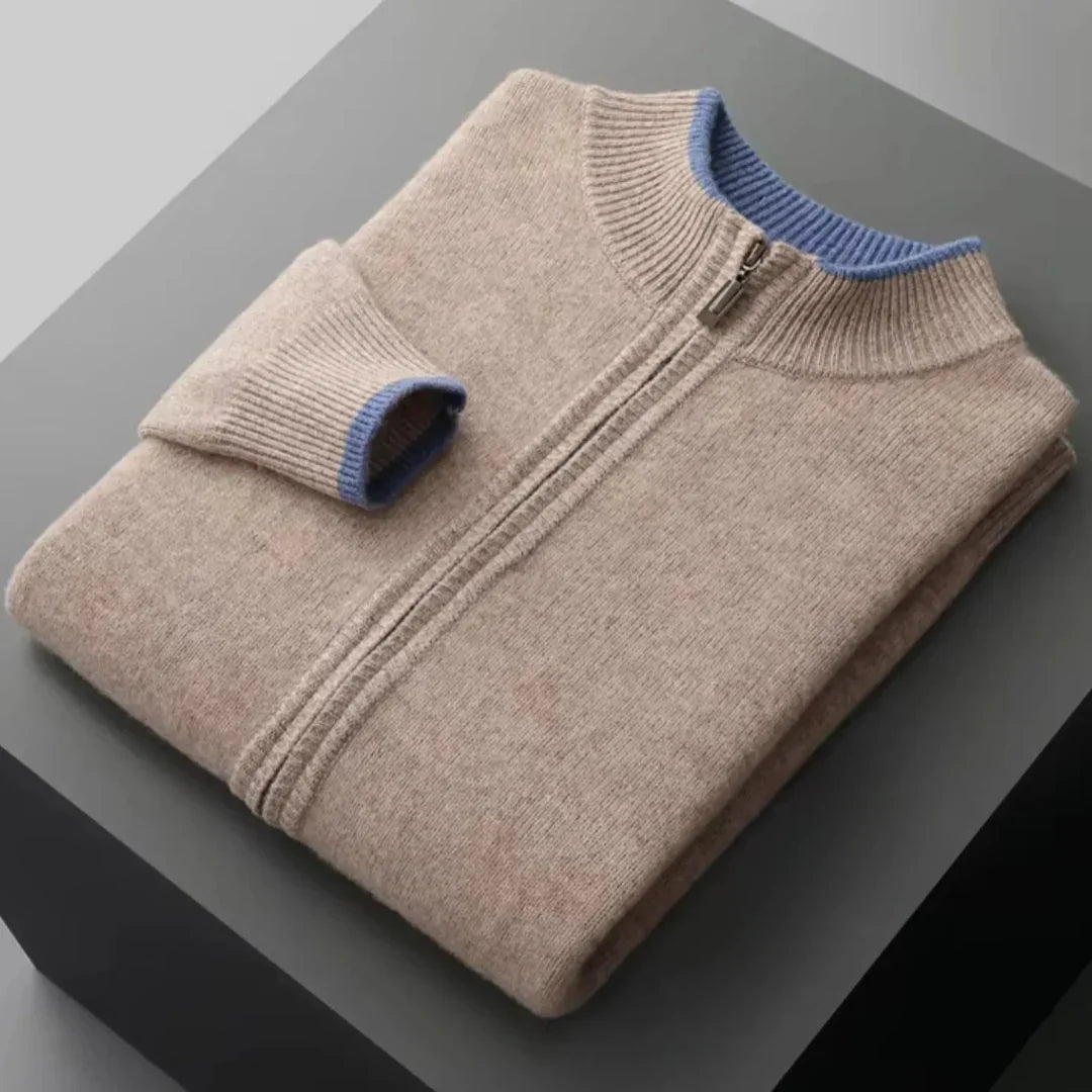 Men's Merino Wool Full Zip Sweater With Two Tone Ribbed Collar For Layering And Everyday Wear