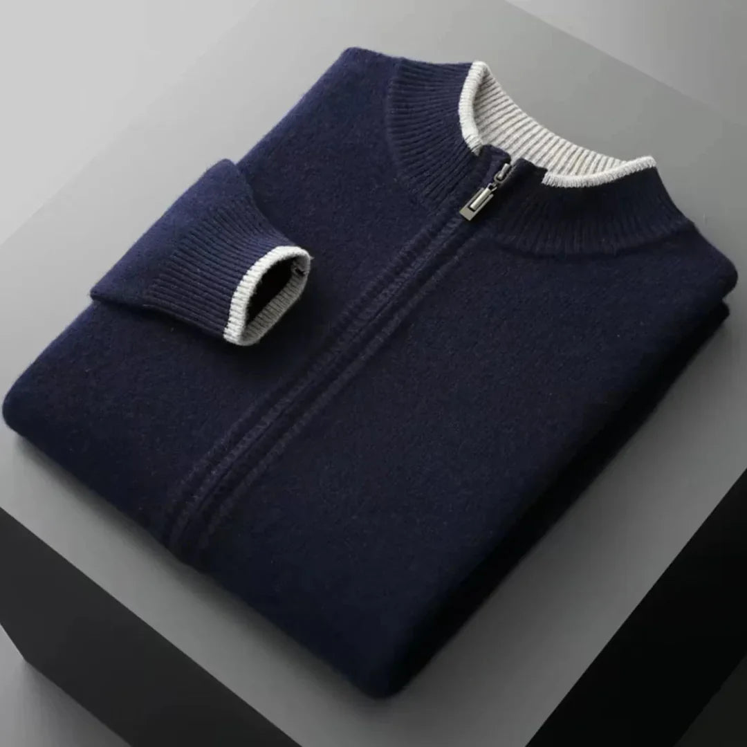 Men's Merino Wool Full Zip Sweater With Two Tone Ribbed Collar For Layering And Everyday Wear