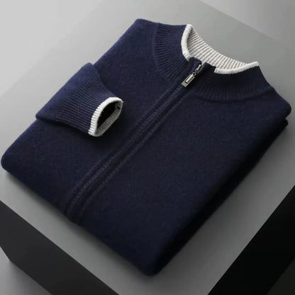 Men's Merino Wool Full Zip Sweater With Two Tone Ribbed Collar For Layering And Everyday Wear