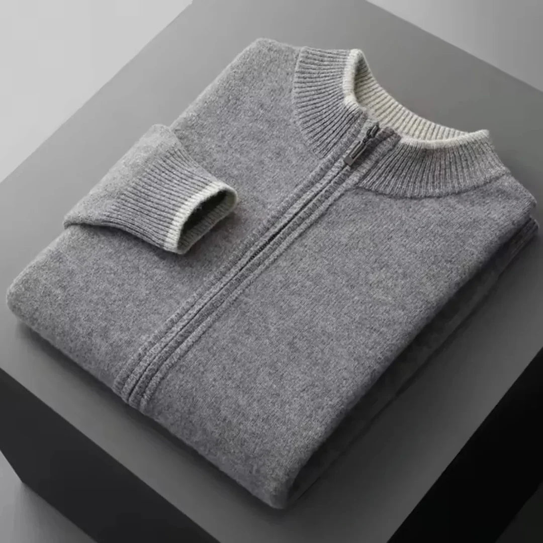 Men's Merino Wool Full Zip Sweater With Two Tone Ribbed Collar For Layering And Everyday Wear