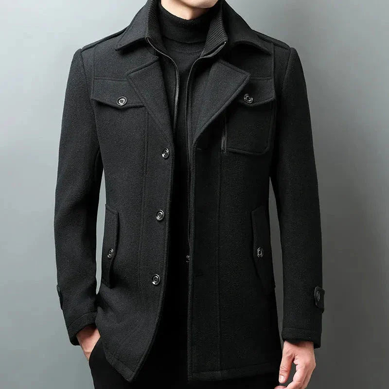 Men's Wool Blend Pea Coat With Structured Shoulders Notched Lapel And Tailored Fit Front Button Closure