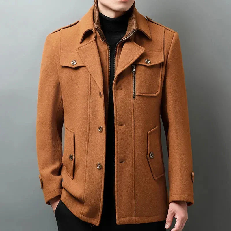 Men's Wool Blend Pea Coat With Structured Shoulders Notched Lapel And Tailored Fit Front Button Closure