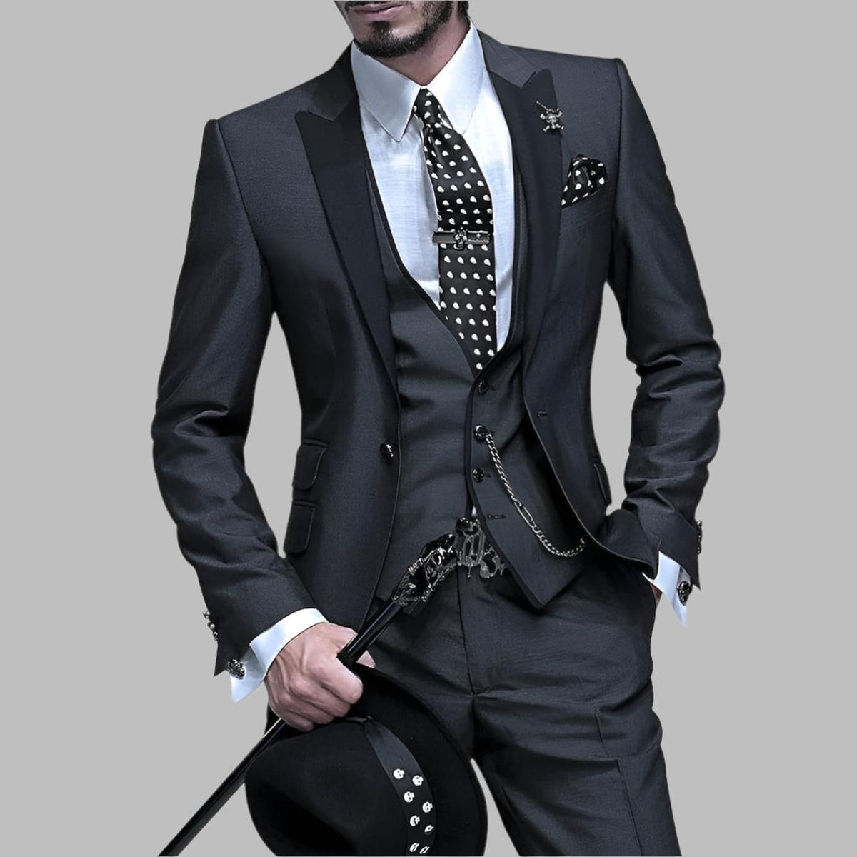 Donald Men's Luxury Three Piece Wedding Suit Set In Emerald Green With Black Lapels And Silver Chain Details