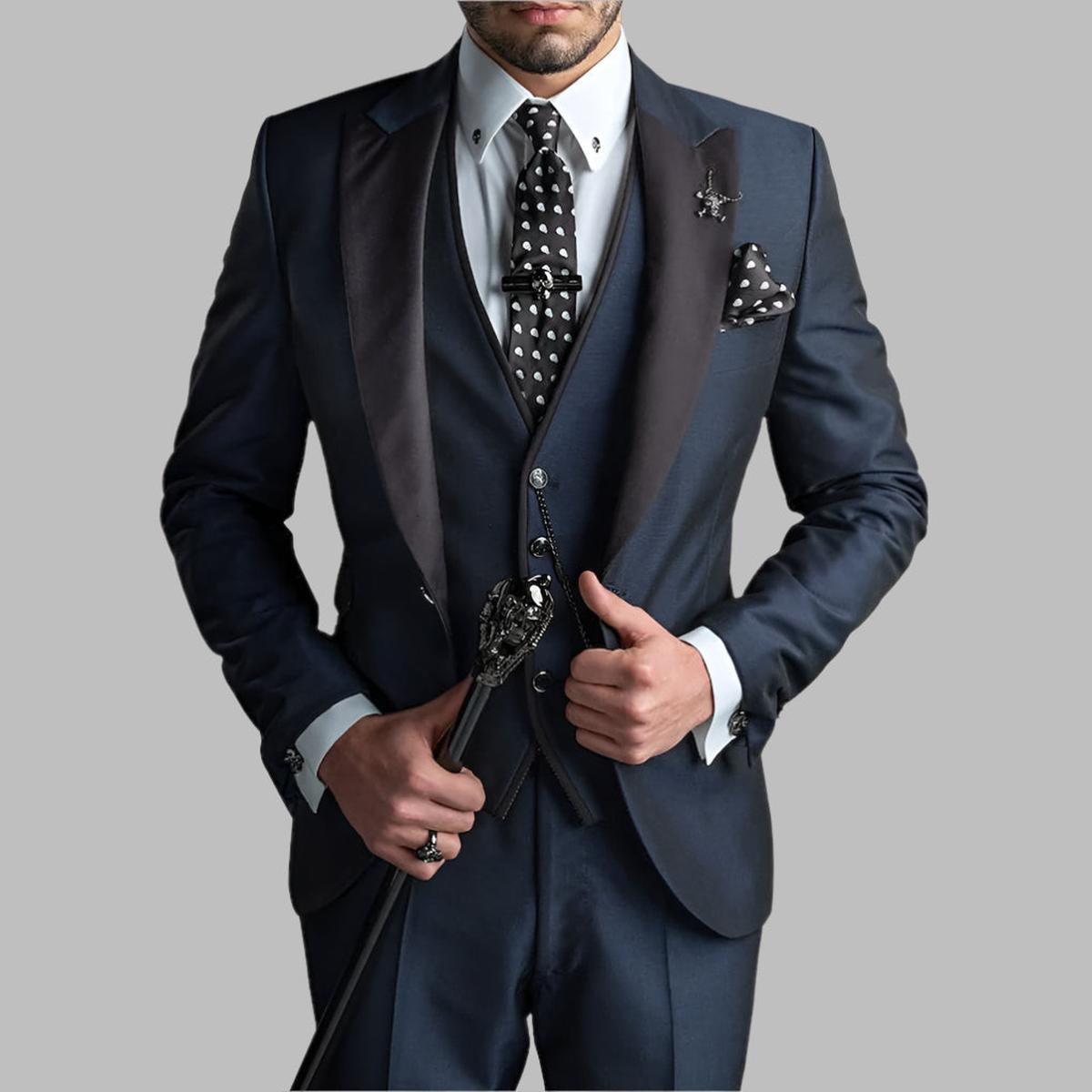 Donald Men's Luxury Three Piece Wedding Suit Set In Emerald Green With Black Lapels And Silver Chain Details