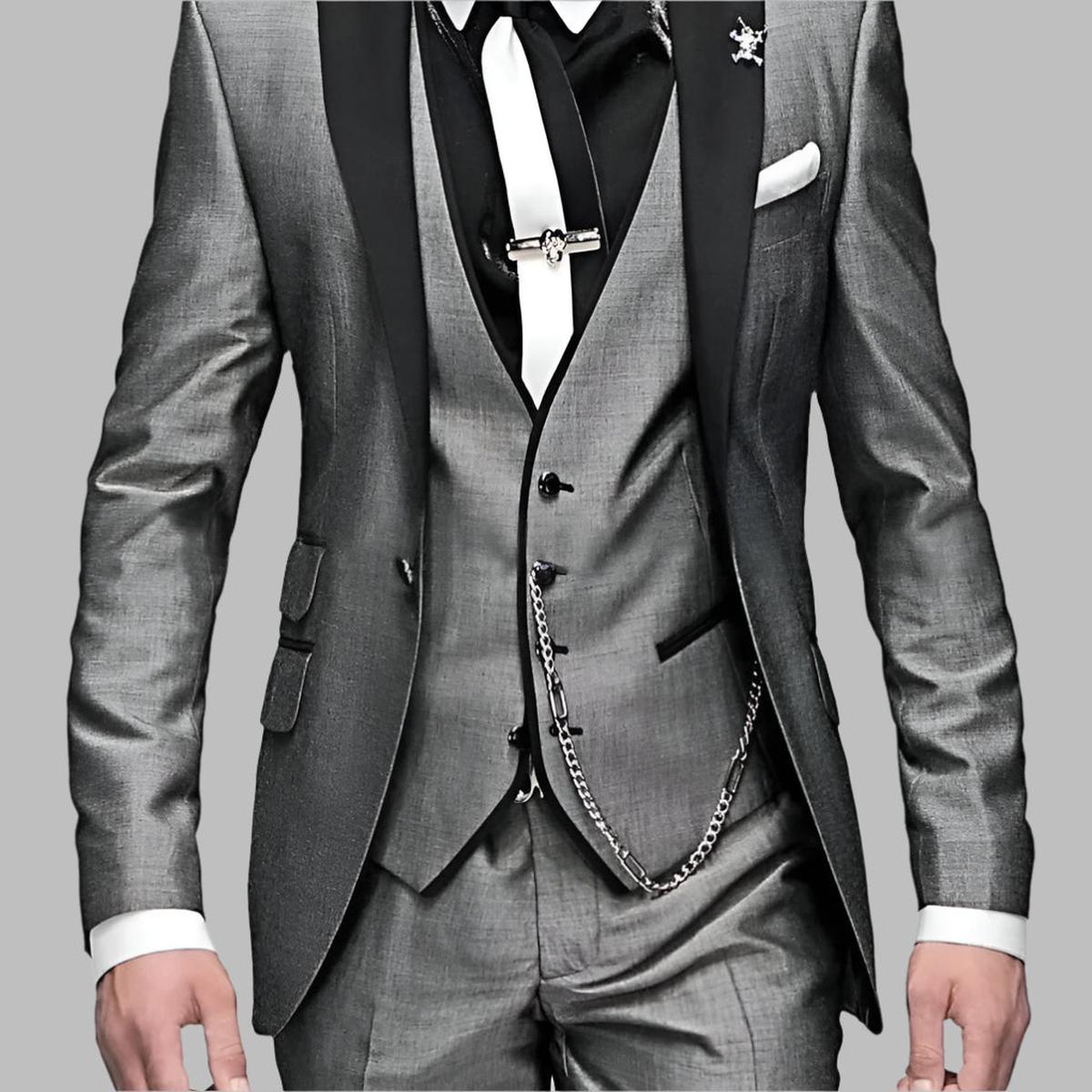 Donald Men's Luxury Three Piece Wedding Suit Set In Emerald Green With Black Lapels And Silver Chain Details