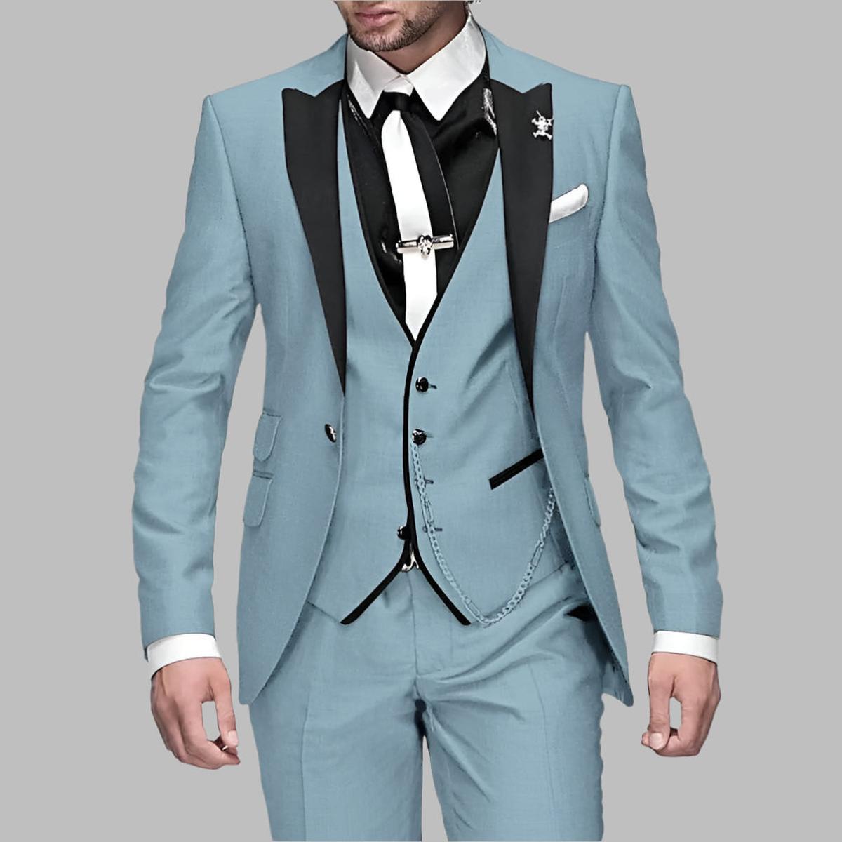 Donald Men's Luxury Three Piece Wedding Suit Set In Emerald Green With Black Lapels And Silver Chain Details