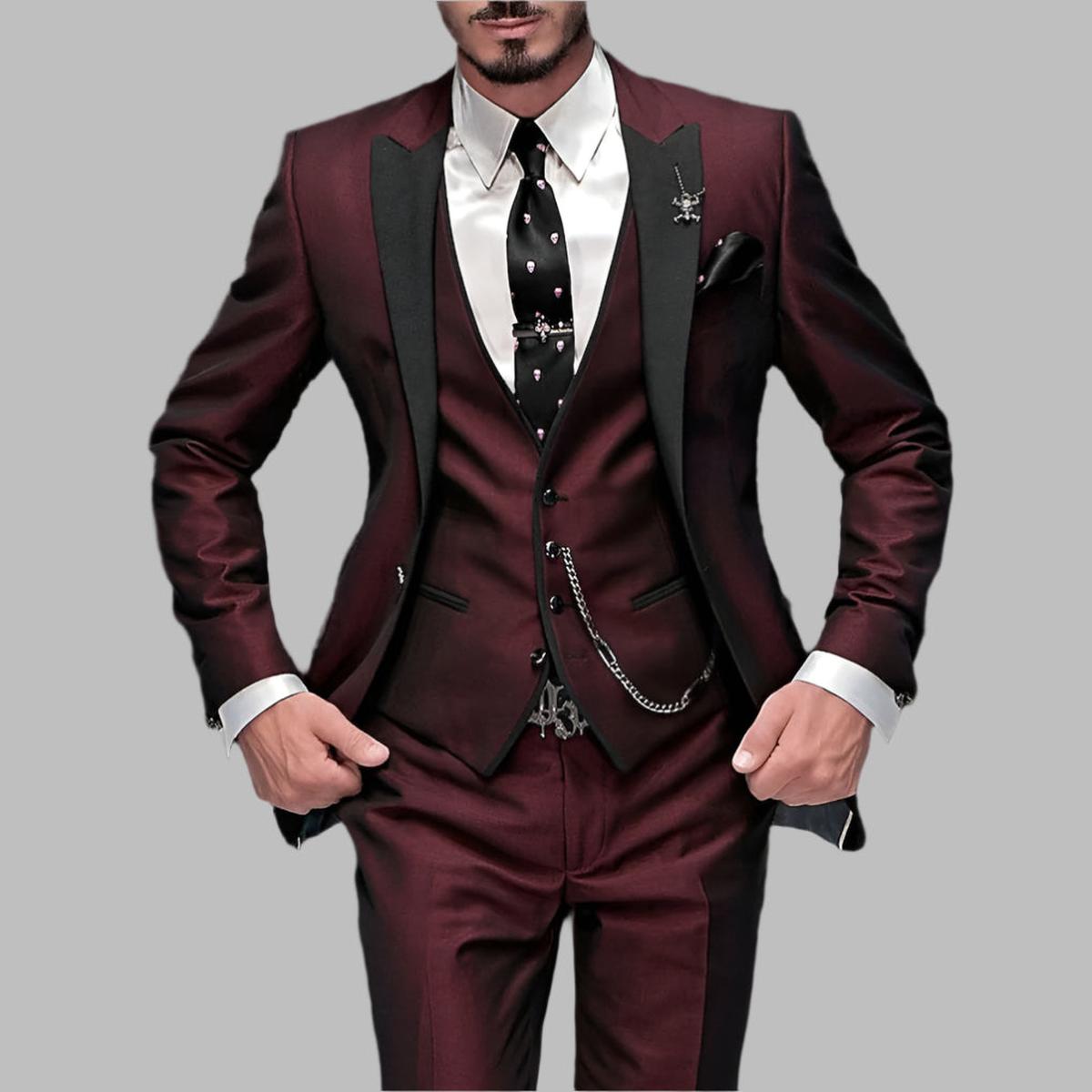 Donald Men's Luxury Three Piece Wedding Suit Set In Emerald Green With Black Lapels And Silver Chain Details