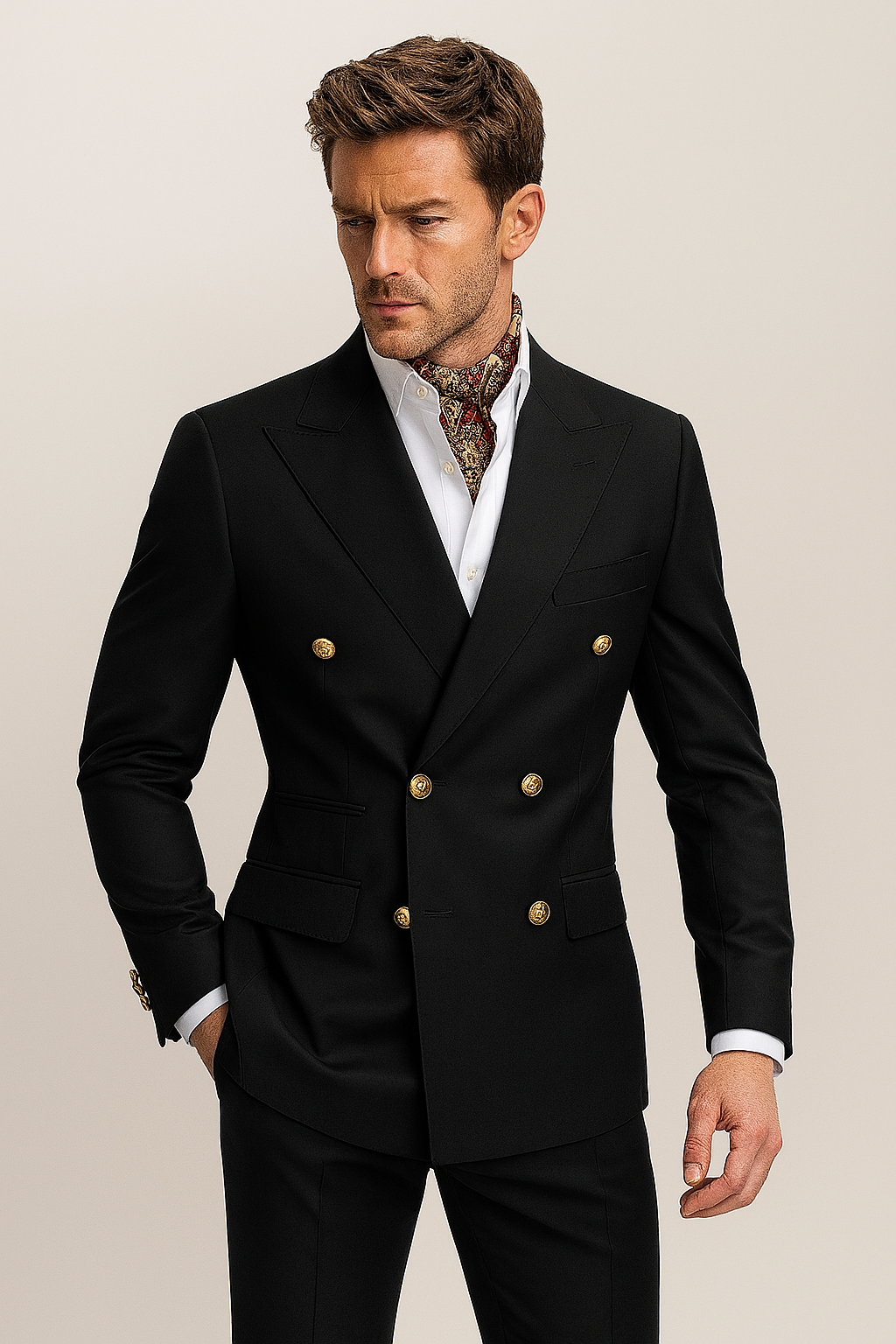 Mens Formal Two Piece Suit With Gold Button Blazer For Distinguished Gentlemen And Confident Occasions