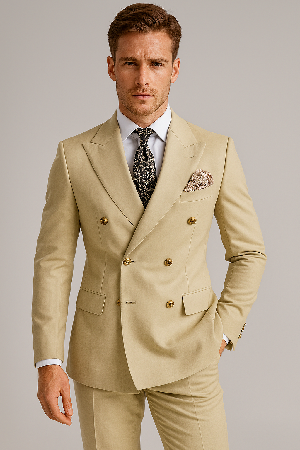 Mens Formal Two Piece Suit With Gold Button Blazer For Distinguished Gentlemen And Confident Occasions