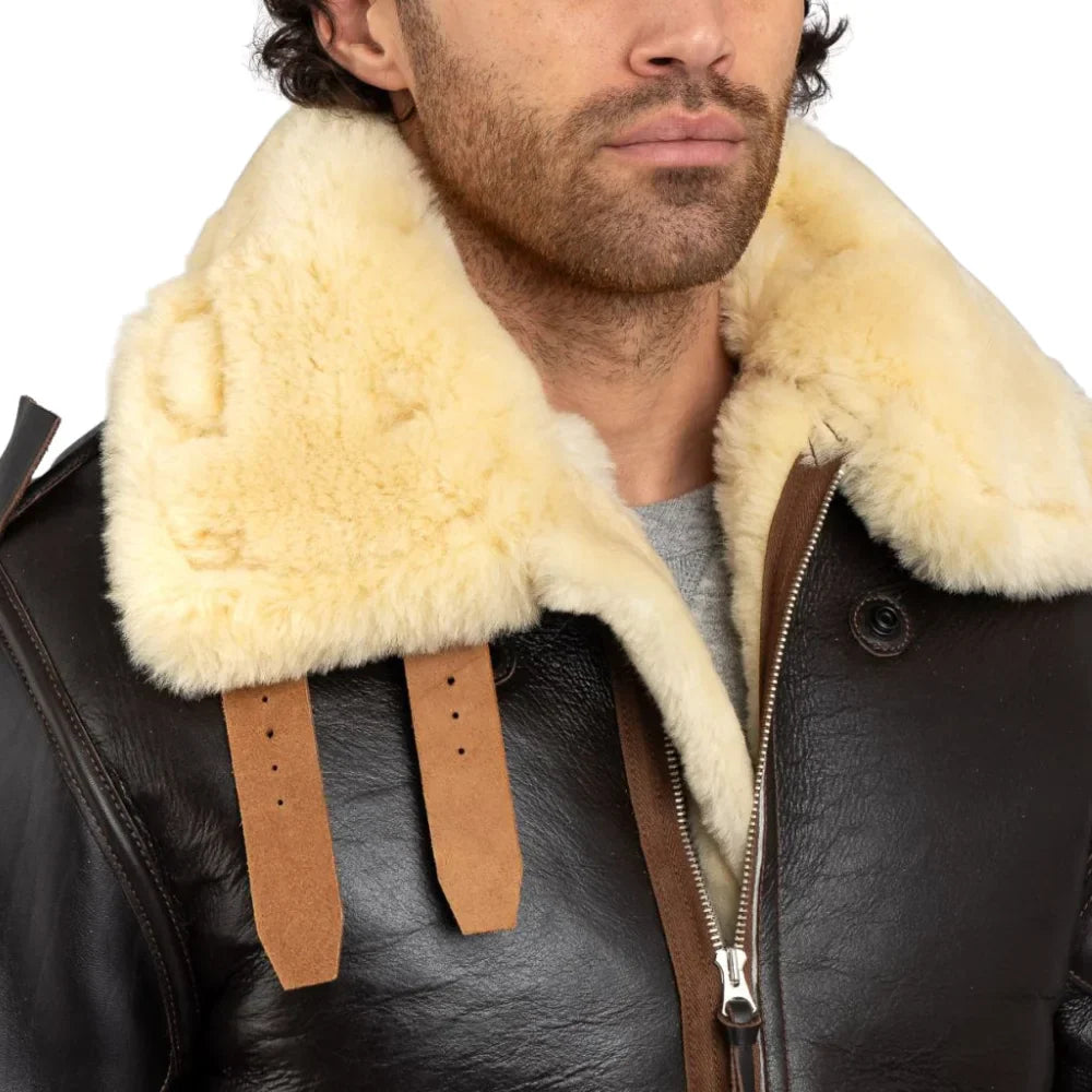 Henry Men's Real Brown B3 Sheepskin Flight Jacket Australian Sheepskin Lining Veg Tanned Cowhide Shell