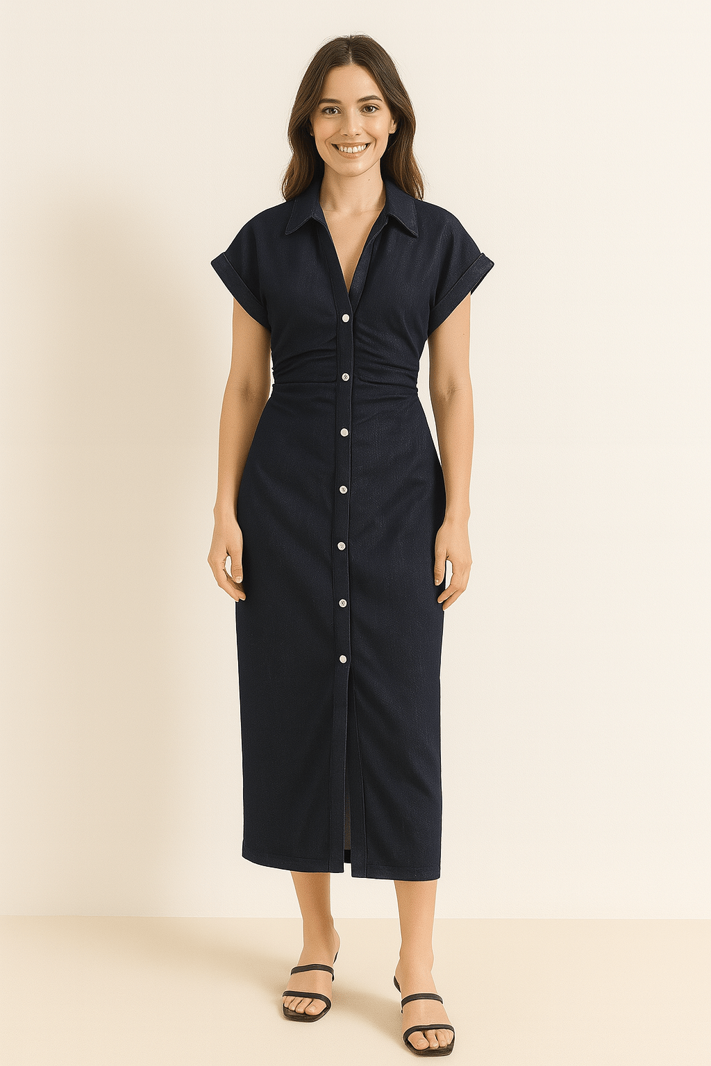 Lucie Midi Shirt Dress For Women With Button Placket And Waist Shaping Tailored For Office And Everyday