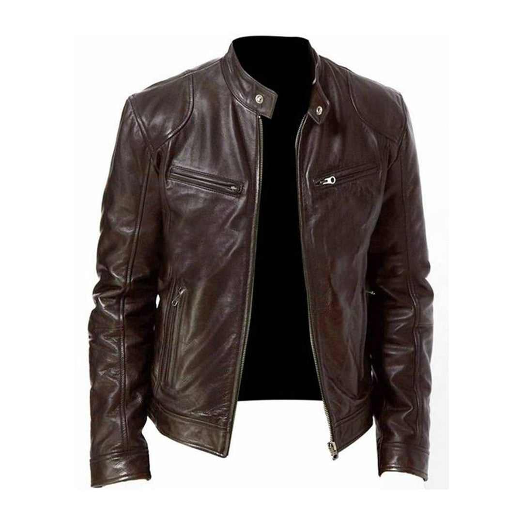 Men's Leather Biker Jacket Slim Fit Stand Collar Zipper Closure Adjustable Cuffs Premium Black