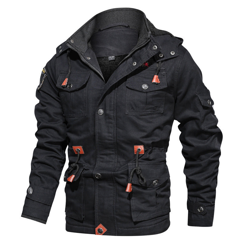 Military Style Cotton Jacket For Men With Thick Fleece Lining Mid Length Hooded Design And Multiple Pockets