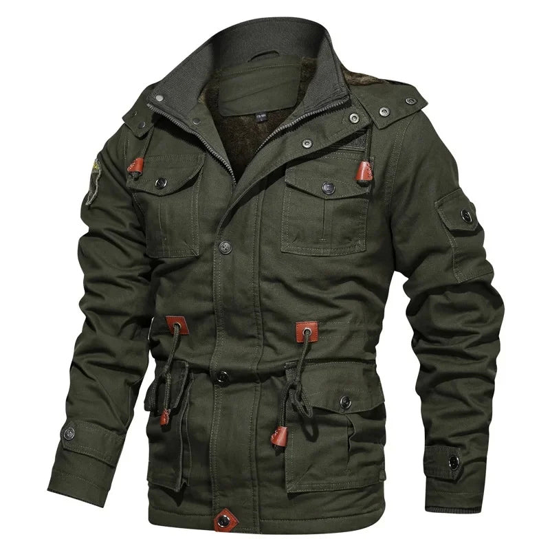 Military Style Cotton Jacket For Men With Thick Fleece Lining Mid Length Hooded Design And Multiple Pockets