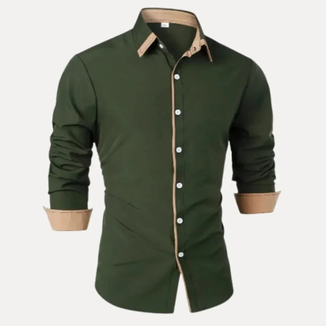 Milo Contrast Long Sleeve Shirt For Men With Tan Placket Collar And Cuff Trim Button Down Slim Fit