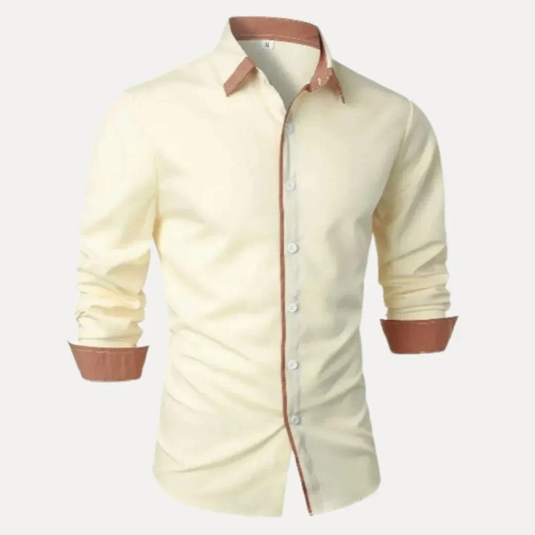 Milo Contrast Long Sleeve Shirt For Men With Tan Placket Collar And Cuff Trim Button Down Slim Fit