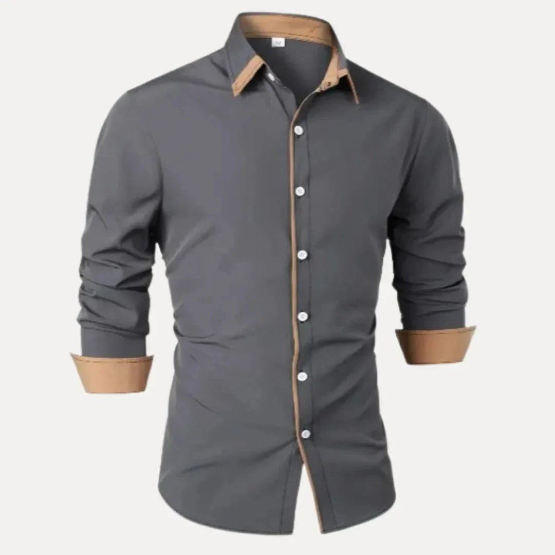 Milo Contrast Long Sleeve Shirt For Men With Tan Placket Collar And Cuff Trim Button Down Slim Fit