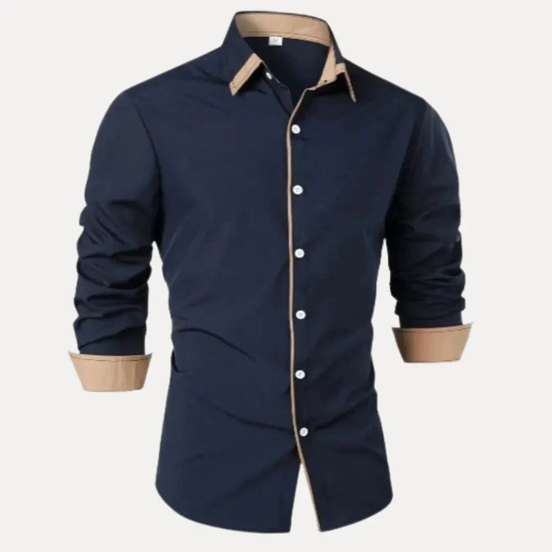 Milo Contrast Long Sleeve Shirt For Men With Tan Placket Collar And Cuff Trim Button Down Slim Fit