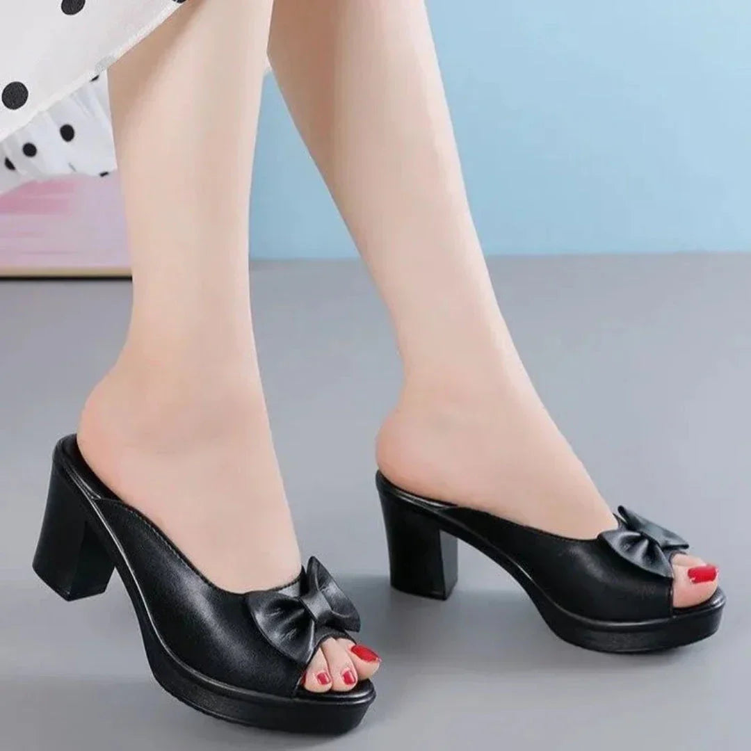 Mira Open-Toe Bow Chunky Heels