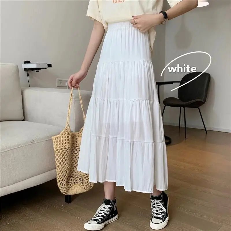 Pleated Midi Skirt Elastic Waistband Women Flowing Comfort