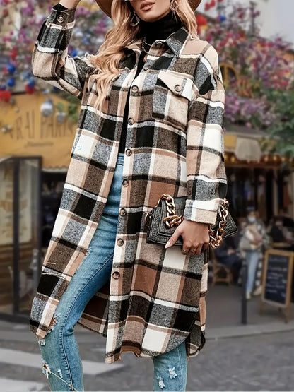 Elegant plaid fleece jacket for women - mid-length, loose fit