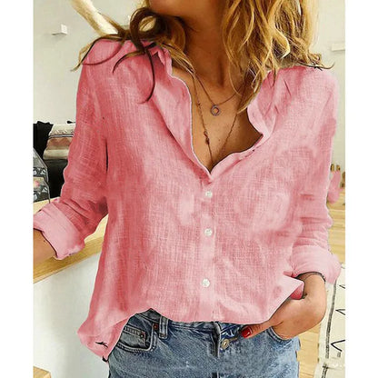 Nadia Cotton Linen Blouse For Women With Long Sleeves Elegant Button Front Classic Collar