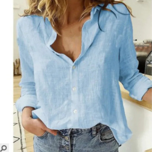 Nadia Cotton Linen Blouse For Women With Long Sleeves Elegant Button Front Classic Collar