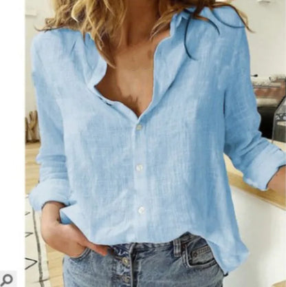 Nadia Cotton Linen Blouse For Women With Long Sleeves Elegant Button Front Classic Collar