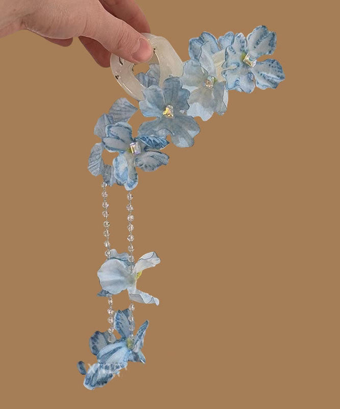 Épingle à cheveux moderne en alliage bleu avec perles florales et pompon - TrendAura