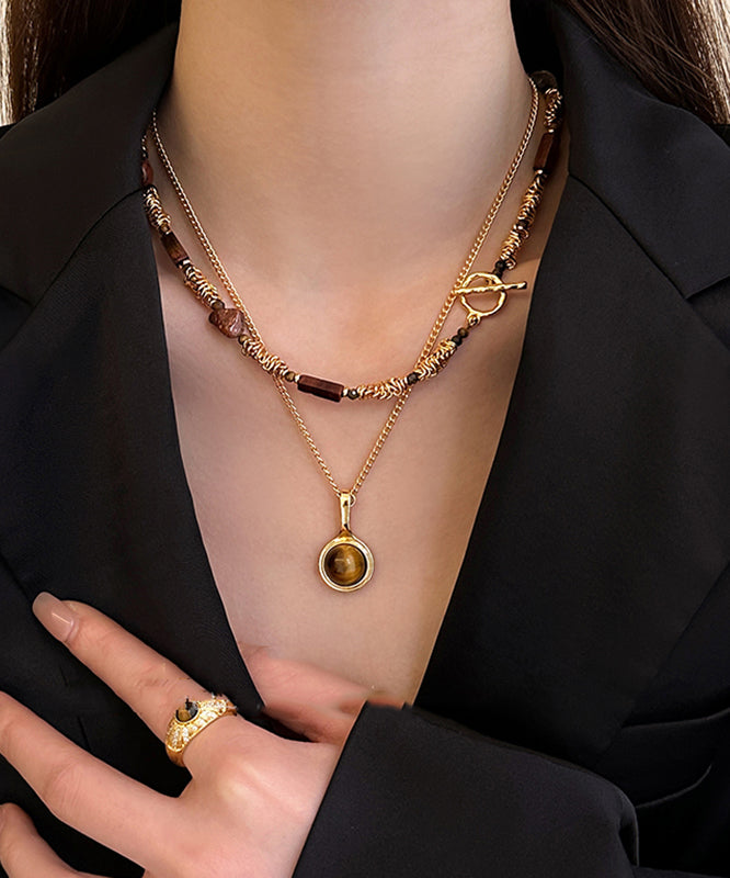 Ensemble de deux colliers modernes avec pendentif en pierre œil de tigre en alliage de cuivre doré - TrendAura